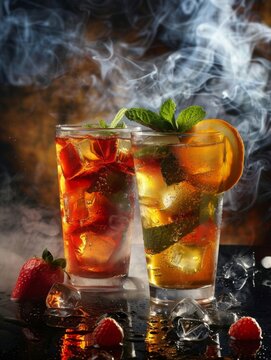 Pristine iced tea with strawberries and smoke - Dynamic picture of smoked iced tea with strawberries, mint and a slice of lemon in a clear glass