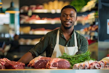 attractive black male butcher working in a modern grocery store in the morning while wearing a white apron with different types of multiple groceries and vegetables with fruits in the background - Powered by Adobe