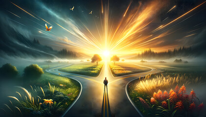 A person at a crossroads on a picturesque path with shooting stars above at sunrise. - obrazy, fototapety, plakaty