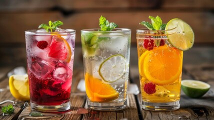 Three fruity cocktails on rustic wooden background - Colorful fruity cocktails on a rustic wood backdrop, evoking feelings of warmth and homemade refreshment