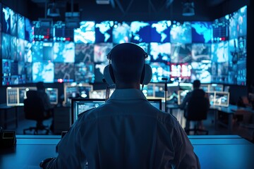 Security guard monitoring modern cameras in surveillance room, Ai Generated