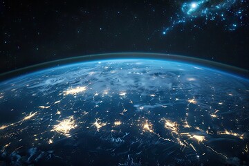 realistic shot of a blue and white earth globe sphere taken from space galaxy during night with lights and technology grids and connections