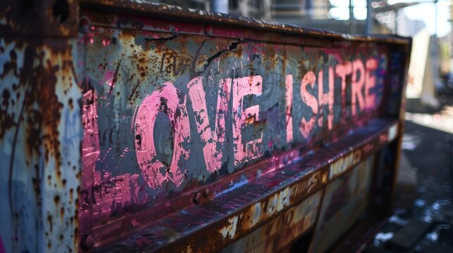 A closeup of a spraypainted message on a rusty metal dumpster in an urban alley. The words Love is the answer can be seen in haphazardly written letters painted in various