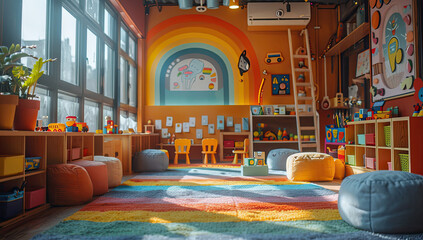 Fototapeta na wymiar A bright and colorful playroom with wooden shelves filled with toys, a large floor cushion in the center on which is an artistic rug depicting various shapes like circles or squares. Created with Ai