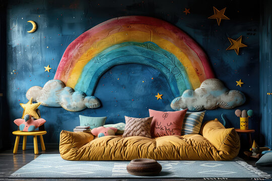 wall mural, painted rainbow and clouds, children's room decor, floor cushion with pillows on the ground, dark blue background. Created with Ai