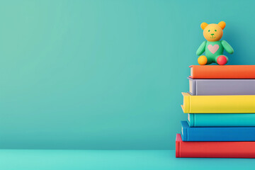 Colorful Children's Books Stack, Toy Bear on Top