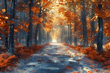 Enchanting Autumnal Forest Path Aglow with Vibrant Fall Foliage and Radiant Warm Lighting