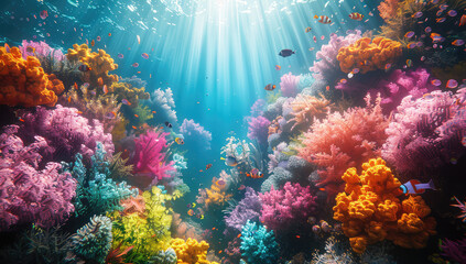 Naklejka na ściany i meble A vibrant coral reef teeming with colorful marine life, sunlight filtering through the water creating an enchanting underwater scene. Created with Ai