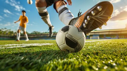 A closeup of a soccer players foot connecting with the ball perfectly exeing a curved shot.