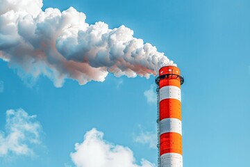Industrial Pollution Concept Red and White Smokestack Emitting Dense Smoke into Clear Blue Sky