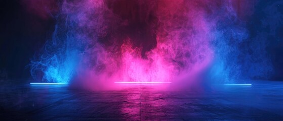 Abstract dark background with blue and pink neon glow. Neon luminous figure in the center of the stage. Light lines on a dark background, smoke, smog