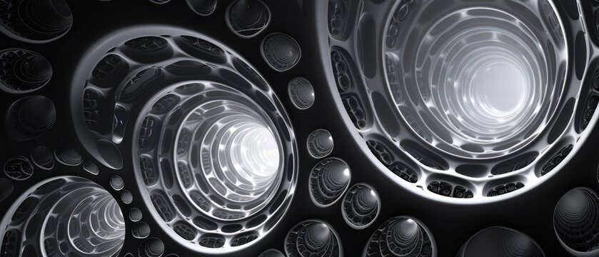 Abstract fractal background in high resolution with a detailed simple geometric pattern consisting of ovals and circles in grey color against black background