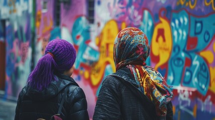 Two women one with purple hair and the other with a colorful headscarf walk past a wall painted with a powerful message in bold letters. . . - obrazy, fototapety, plakaty