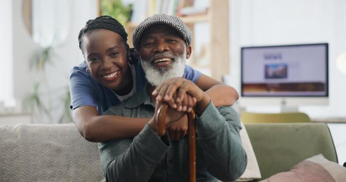 Face, hug and caregiver with senior man on sofa for bonding, support or progress pride in nursing home with walking stick. Portrait, happy and nurse embrace old person with a disability in a lounge