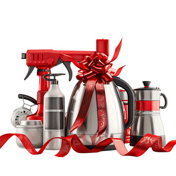 Household equipments wrapped with red ribbon. 3D illustration.
