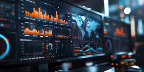 a close-up of a computer monitor showing an analytics dashboard with different graphs and metrics; 8k, sharp focus, high detail, professional photo - obrazy, fototapety, plakaty