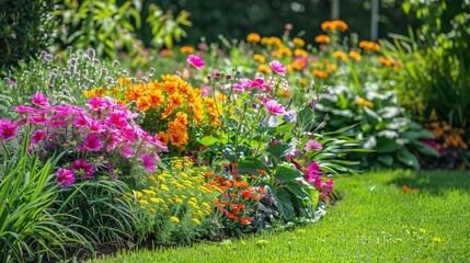 Fototapeta na wymiar Lush flower beds in the summer garden a bright sunny day Colorful Garden Flower Bed and Grass Lawn 