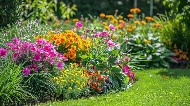 Lush flower beds in the summer garden a bright sunny day Colorful Garden Flower Bed and Grass Lawn 