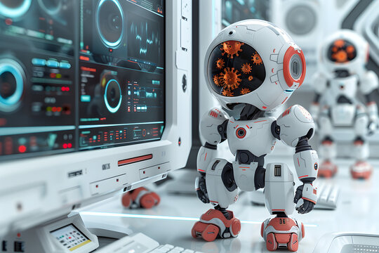 A 3D animated cartoon render of a robot scanning for viruses on a computer screen.