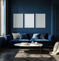 The interior of a dark blue living room with a velvet sofa, a coffee table and three vertical white layouts in white frames on the wall, a mockup of the interior
