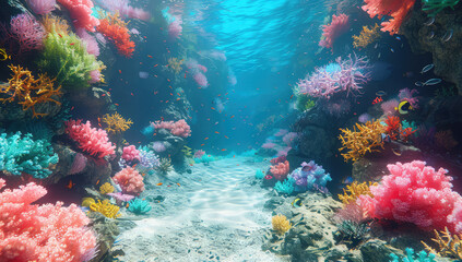 Naklejka na ściany i meble A vibrant coral reef teeming with colorful marine life, sunlight filtering through the water creating a mesmerizing underwater scene. Created with Ai