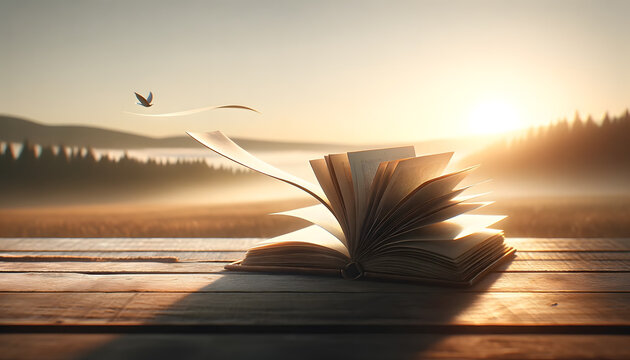 Open book with pages fluttering in the wind, on a wooden table at sunset.
