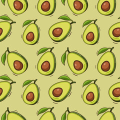 Seamless pattern whole and sliced avocado on bright green background, Vector illustration.