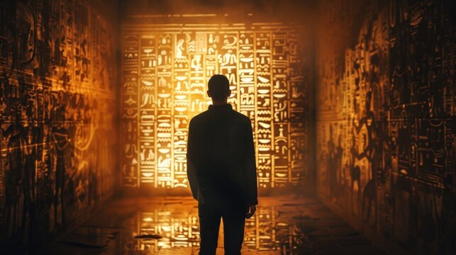 The silhouette of a person stands tall against the backdrop of a mysterious structure attention focused on the cryptic hieroglyphics . .