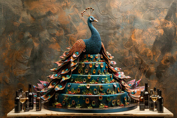 an opulent wedding anniversary cake shaped like a magnificent peacock, with cascading layers of...