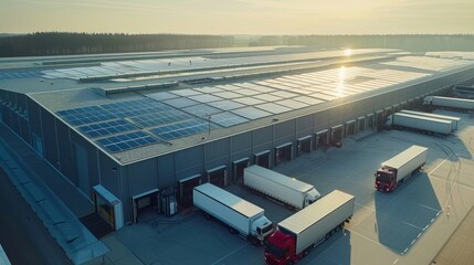 A large warehouse with trucks and forklifts moving products powered solely by solar panels installed on the buildings exterior illustrating . .