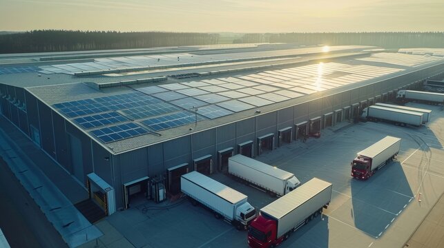 A large warehouse with trucks and forklifts moving products powered solely by solar panels installed on the buildings exterior illustrating . .