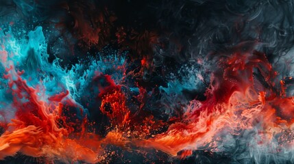 Fiery reds and electric blues colliding in a sea of black in mesmerizing slow motion - obrazy, fototapety, plakaty