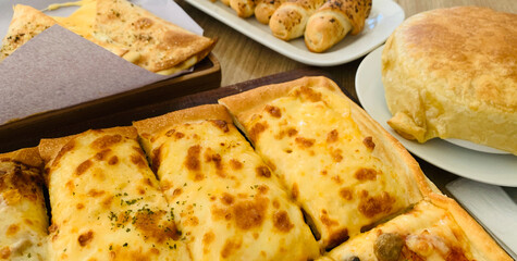 Fresh Homemade square pizza with cheese on wooden table Square pizza Organic pizza healthy pizza