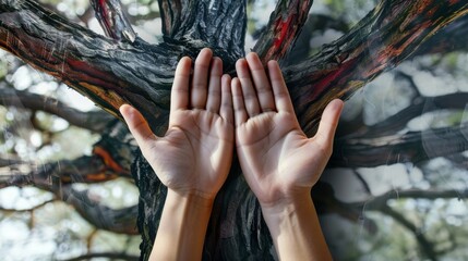 Fototapeta na wymiar Two Hands Reaching Up to a Tree