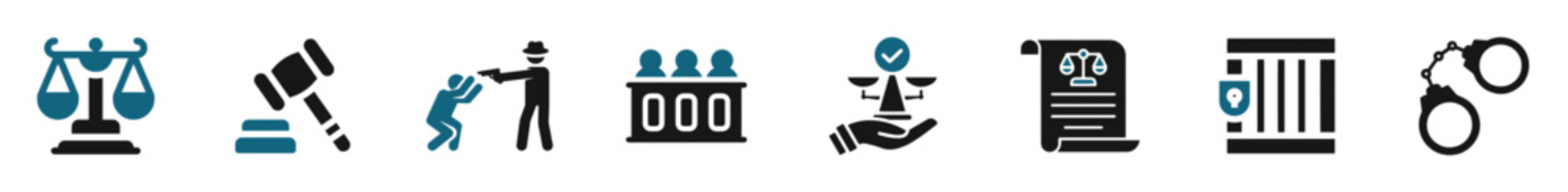 Justice icon set. Containing justice law, court legal, lawyer, judgment and so on. A flat icons set related to law and lawer.