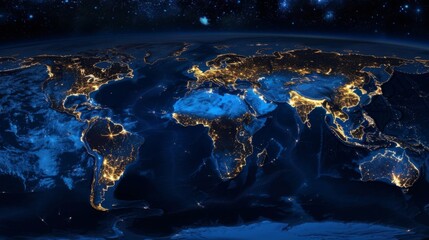 A detailed map of the world illuminated by city lights during the night, showing population centers and urban areas.