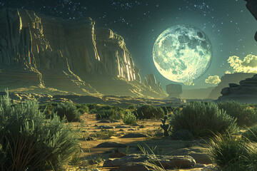 Generate an artistic visualization of an unexpected green haven flourishing within the desert wilderness, complemented by peculiar rock arrangements and the enchanting glow of a full moon 