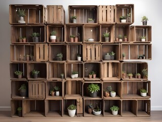 Stacked together, old wooden crates serve as an innovative display shelf, embodying the concept of vintage storage.