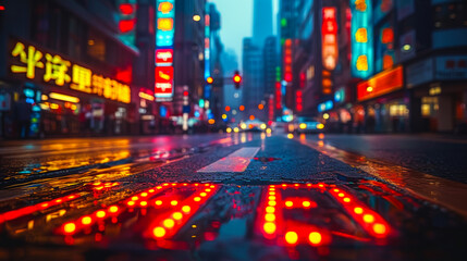 A neon sign with Chinese characters on it is lit up in a city street. The sign is surrounded by a...