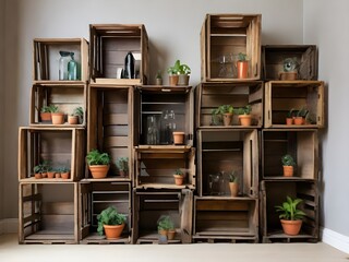 Stacked together, old wooden crates serve as an innovative display shelf, embodying the concept of vintage storage.