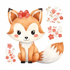 A cute cozy Kitsune (Japanese fox) clipart , woodland theme, watercolor clipart, Perfect for nursery, isolated on white background