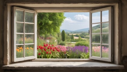 A French Window With Views Of A Vibrant Flower Garden