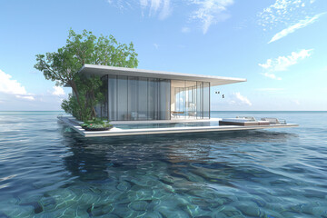 Create a floating beach house concept, where modern architecture meets the tranquility of the ocean
