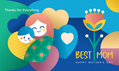 Happy Mother's Day greeting cards with beautiful blossom flowers in flat geometric style. Vector background for banner, poster