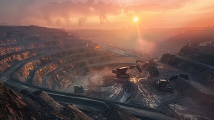 Open-pit mine at sunset with heavy machinery at work and the layered terrain highlighted by the fading sunlight.