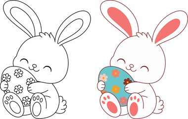 Cute kawaii bunny is hugging a decorated Easter egg cartoon character coloring page vector illustration for kids