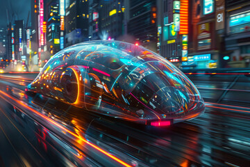 Create an abstract interpretation of autonomous vehicles, exploring the fusion of technology and design in future transportation - obrazy, fototapety, plakaty