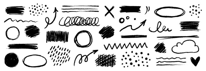 Chalk color pencil texture brush dot stroke vector element. Children crayon color brush stroke texture arrow, circle, underline shape. Hand drawn childish chalk pencil scribble. Vector illustration - obrazy, fototapety, plakaty