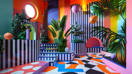 A colorful room with a blue ball and a bunch of cacti. The room is decorated with a lot of bright colors and has a tropical feel to it