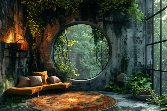 Create an AI image depicting the interior of a small room inspired by the fusion of nature and technology